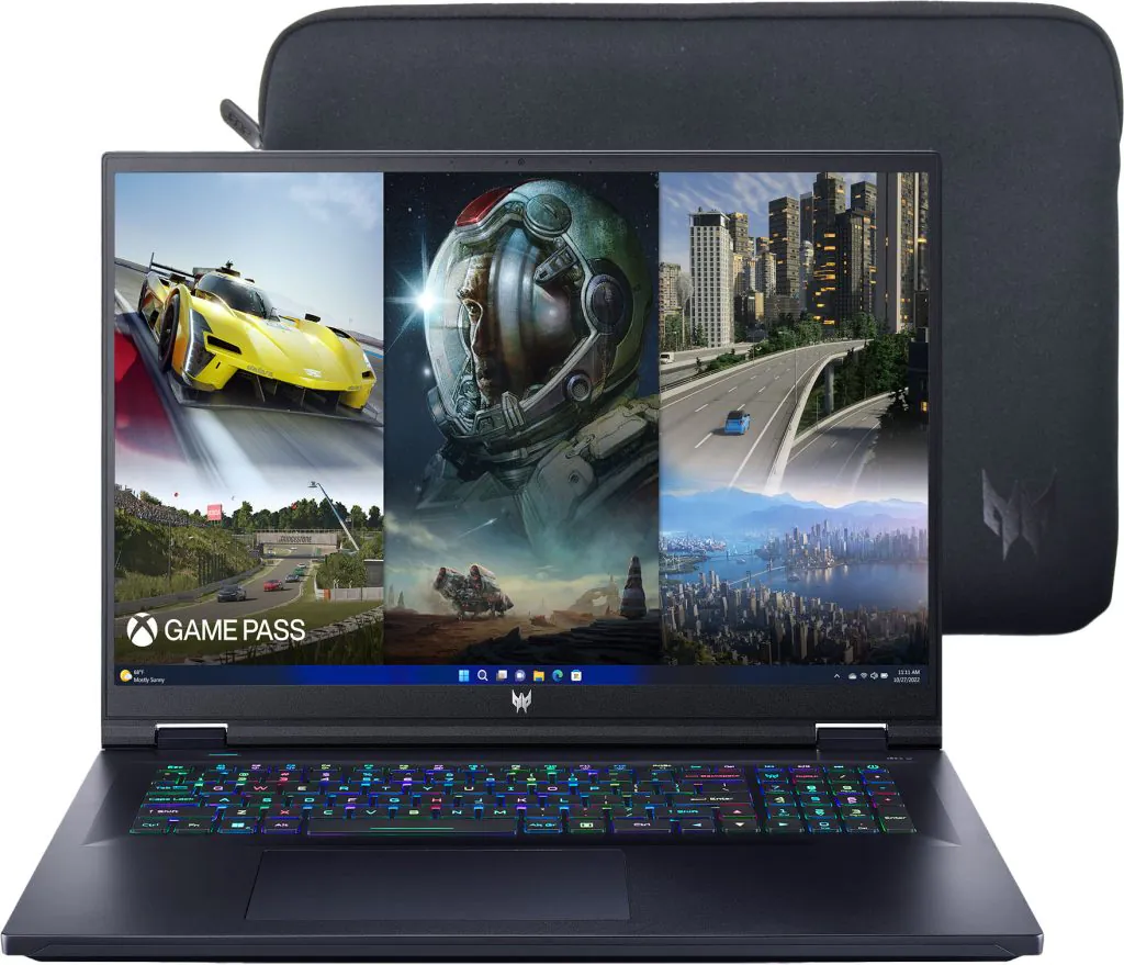 A gaming laptop with a colorful backlit keyboard, displaying various game graphics on the screen, and a matching black sleeve beside it is one of the best gaming laptops.