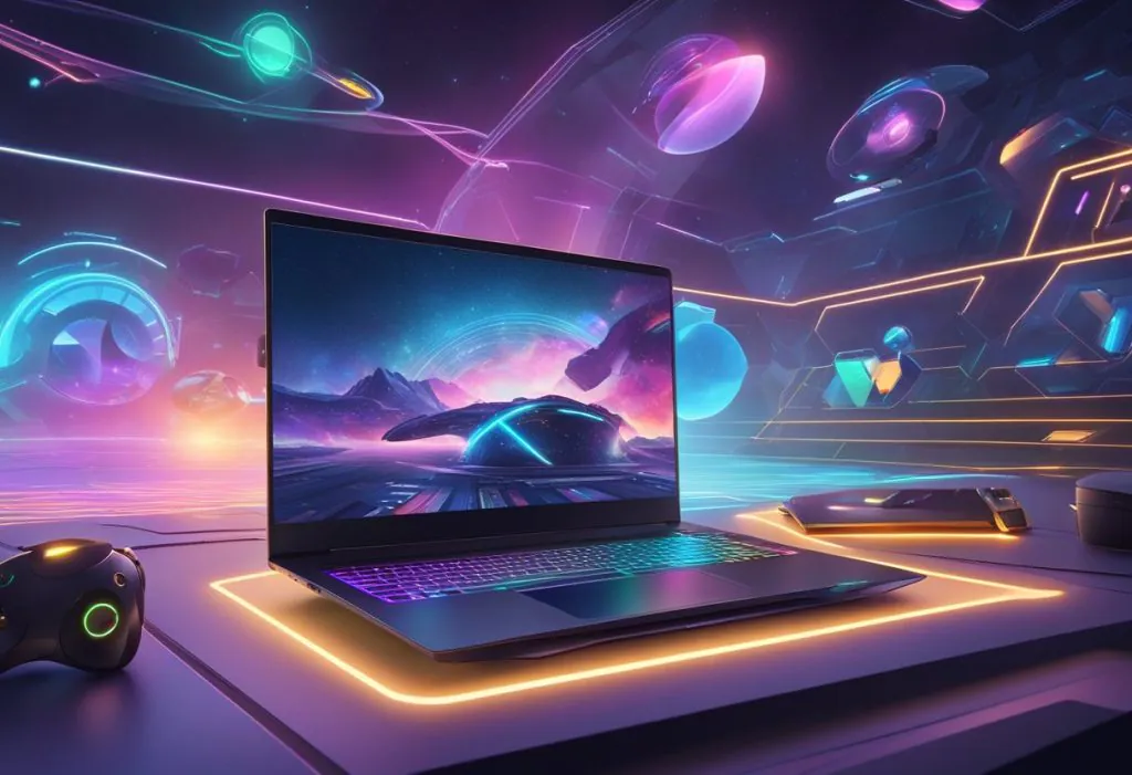 A futuristic technology setup featuring one of the best gaming laptops 2024 with a colorful backlit keyboard on a neon-lit desk, surrounded by glowing digital elements and floating holograms in a vibrant sci-fi environment.